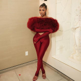 Women's Autumn Winter Off-Shoulder Furry Patchwork Cut-Out Fingerless Long Jumpsuit