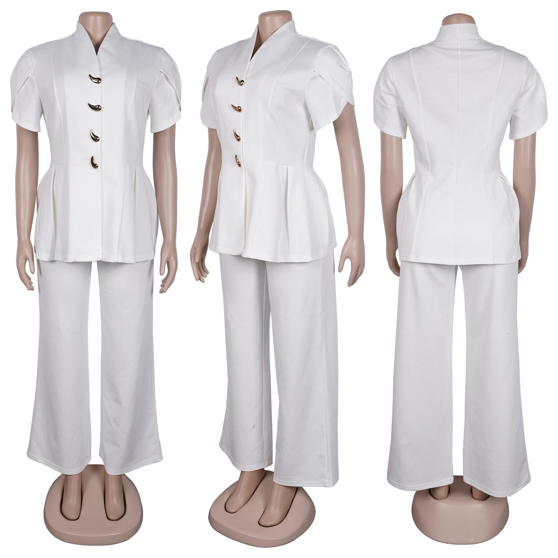 Women Elegant Puff Sleeve Button Top and Pant Two-Piece Set