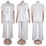 Women Elegant Puff Sleeve Button Top and Pant Two-Piece Set