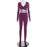 Women's Autumn Winter V-Neck Cross Lace-Up Open Waist Fingerless Top High Waist Pants Set