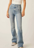 Women's Pleated High Waist Bell Bottom Denim Pants