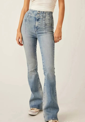 Women's Pleated High Waist Bell Bottom Denim Pants