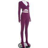 Women's Autumn Winter V-Neck Cross Lace-Up Open Waist Fingerless Top High Waist Pants Set