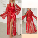 Women's Sexy Lace See-Through Long Bell Sleeve Tie-Dye Nightgown
