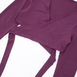 Women's Autumn Winter V-Neck Cross Lace-Up Open Waist Fingerless Top High Waist Pants Set