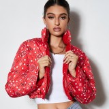 Women's Autumn Winter Casual Print Turndown Collar Zip Cotton-padded Coat