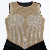Women's Beaded Mesh Patchwork Velvet Bodycon Short Dress
