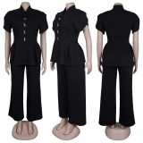 Women Elegant Puff Sleeve Button Top and Pant Two-Piece Set