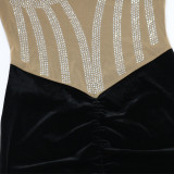 Women's Beaded Mesh Patchwork Velvet Bodycon Short Dress