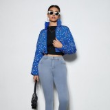 Women's Autumn Winter Casual Print Turndown Collar Zip Cotton-padded Coat