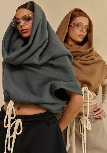 Women's Autumn Winter Solid Casual Sleeveless Color Block Drawstring Hooded Top