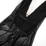 Women's Autumn Halter Neck Furry Collar Lace-Up Patchwork Leather Low Back Hollow Out Jumpsuit