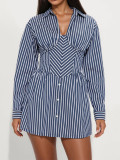 Women's Autumn Striped Button-Down Turndown Collar V-Neck Dress