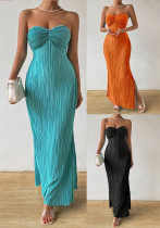 Women's Strapless Pleated Slim Fit Bow Slit Evening Gown