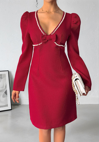 Women's Autumn Valentine Bow Pearl Embellished V-Neck Dress