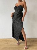 Women's Strapless Pleated Slim Fit Bow Slit Evening Gown