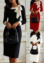 Women's Professional Chic Bow Tie Bodycon Color Block Office Dress