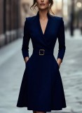 Women's Autumn Winter Solid Slim Waist V-Neck Flared Long Sleeve Dress