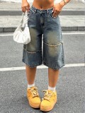 Women's Distressed Patchwork Frayed Hem Loose Straight Leg Denim Shorts