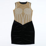 Women's Beaded Mesh Patchwork Velvet Bodycon Short Dress