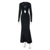 Women's Autumn Sexy Ruffled V-Neck Long Sleeve Solid Evening Dress