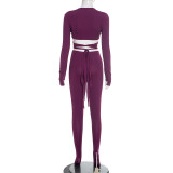 Women's Autumn Winter V-Neck Cross Lace-Up Open Waist Fingerless Top High Waist Pants Set