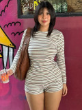 Women's Spring Autumn Striped Stretch Round Neck Loungewear Set