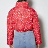 Women's Autumn Winter Casual Print Turndown Collar Zip Cotton-padded Coat