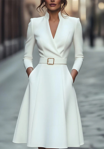 Women's Autumn Winter Solid Slim Waist V-Neck Flared Long Sleeve Dress