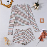 Women's Spring Autumn Striped Stretch Round Neck Loungewear Set