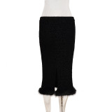 Women's Sexy Flocked Strip Tie-Front Leopard Print Furry Patchwork Two-Piece Skirt Set