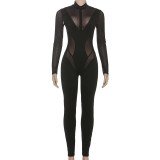 Women's Autumn Winter Sexy Mesh Patchwork See-Through High Neck Jumpsuit