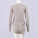 Women's Spring Autumn Striped Stretch Round Neck Loungewear Set