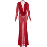 Women's Autumn Winter Sexy Mesh See-Through Deep V-Neck Solid Long Sleeve Dress