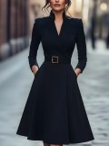 Women's Autumn Winter Solid Slim Waist V-Neck Flared Long Sleeve Dress