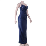 Women's Autumn Strappy Cross V-Neck Sexy Slit Bodycon Dress