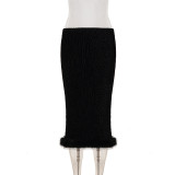 Women's Sexy Flocked Strip Tie-Front Leopard Print Furry Patchwork Two-Piece Skirt Set