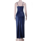 Women's Autumn Strappy Cross V-Neck Sexy Slit Bodycon Dress