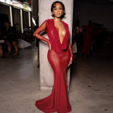 Women's Autumn Winter Sexy Mesh See-Through Deep V-Neck Solid Long Sleeve Dress