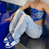 Women's Street Fashion Ripped Straight Leg Washed Denim Pants