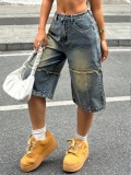 Women's Distressed Patchwork Frayed Hem Loose Straight Leg Denim Shorts