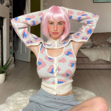 Women's Turndown Collar Long Sleeve Leopard Print Knitting Casual Cape Top