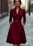 Women's Autumn Winter Solid Slim Waist V-Neck Flared Long Sleeve Dress