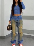 Women's Straight Leg Ripped Distressed Denim Pants