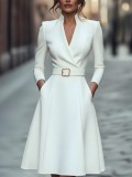 Women's Autumn Winter Solid Slim Waist V-Neck Flared Long Sleeve Dress