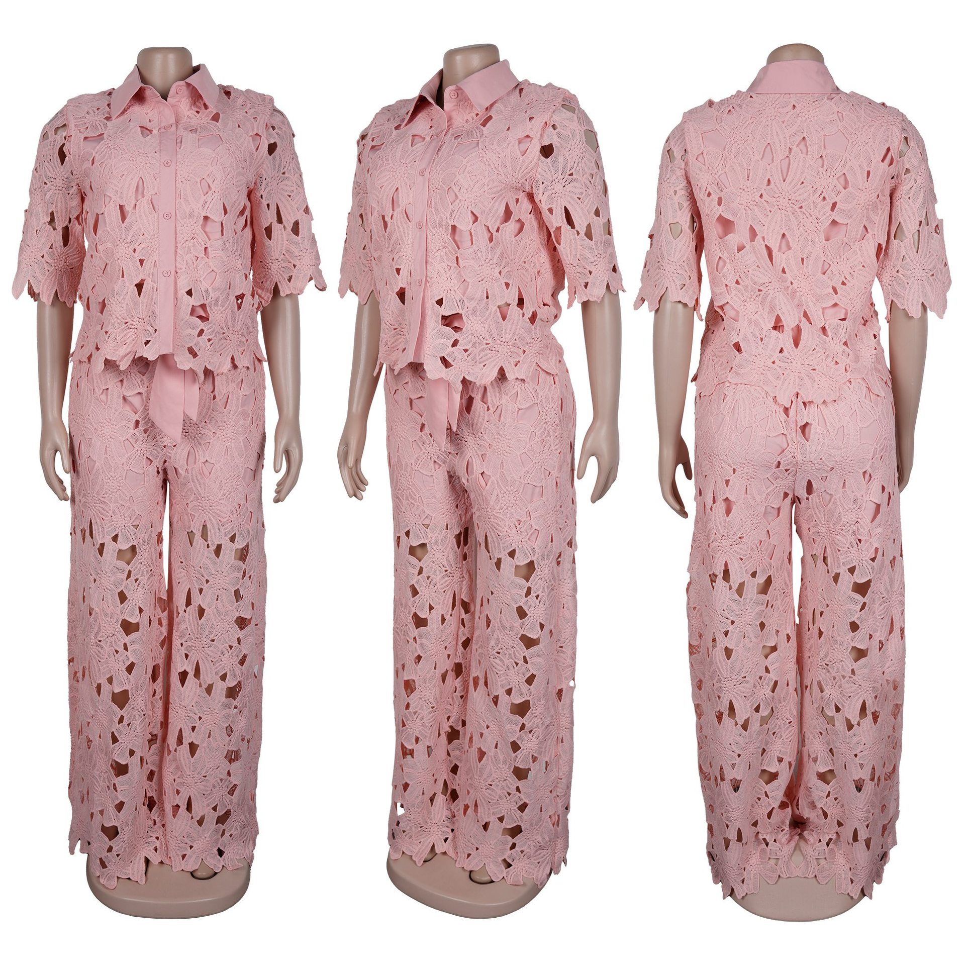 Women Elegant Hollow-Out Lace Top and Pant Two-Piece Set