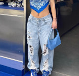 Women's Street Fashion Ripped Straight Leg Washed Denim Pants