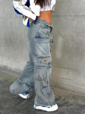 Women's Distressed Multi-Pocket Straight Leg Cargo Denim Pants