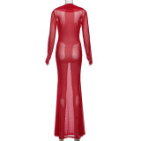 Women's Autumn Winter Sexy Mesh See-Through Deep V-Neck Solid Long Sleeve Dress