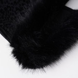 Women's Sexy Flocked Strip Tie-Front Leopard Print Furry Patchwork Two-Piece Skirt Set